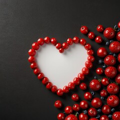 Valentine's day background with strawberries, raspberries, blueberries, blackberries and red heart on black background
