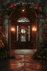 Fototapeta premium Christmas Entrance Festive Door, Wreath, Trees, and Lights