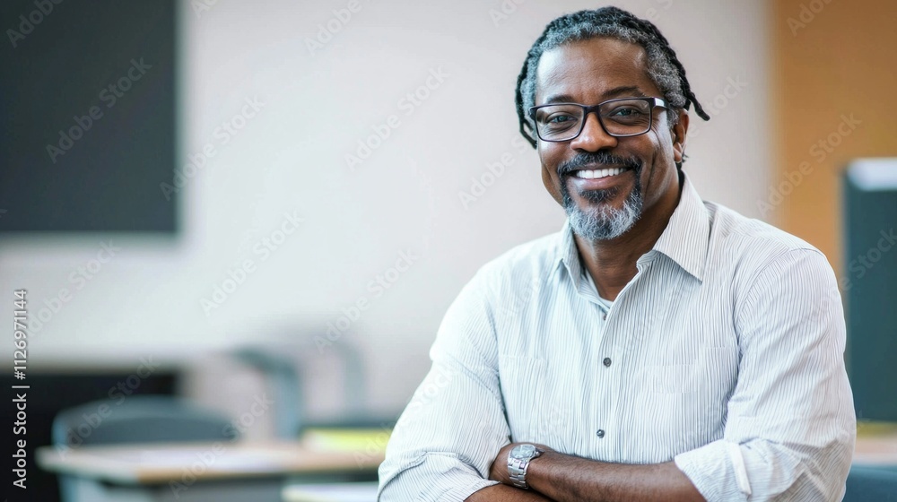 Poster a cheerful male professor with glasses demonstrates warmth and approachability while seated at a des
