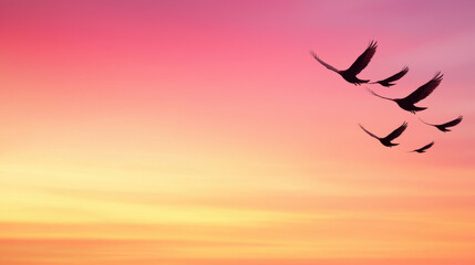 Feel free flying concept. A serene sunset sky with vibrant pink hues, featuring a flock of birds gracefully flying across the horizon.