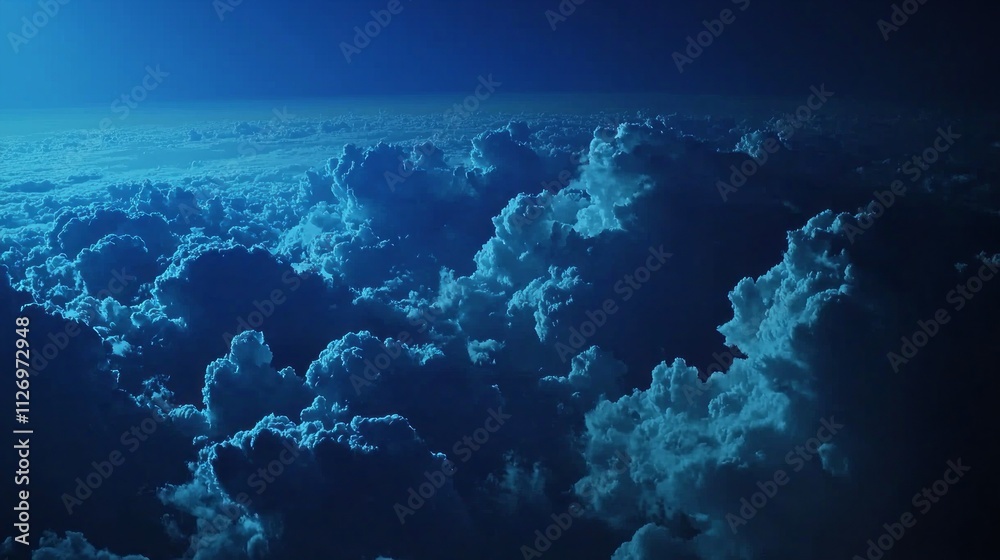 Poster as twilight descends, the expansive sky is adorned with large, dark blue clouds swirling in a tranqu