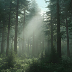 Obraz premium a forest with the sun shining through the trees. Generative AI