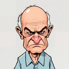 A humorous cartoon illustration of an elderly man with a grumpy expression. The character features a bald head, bushy eyebrows, a prominent red nose, and exaggerated wrinkles, emphasizing his grumpy
