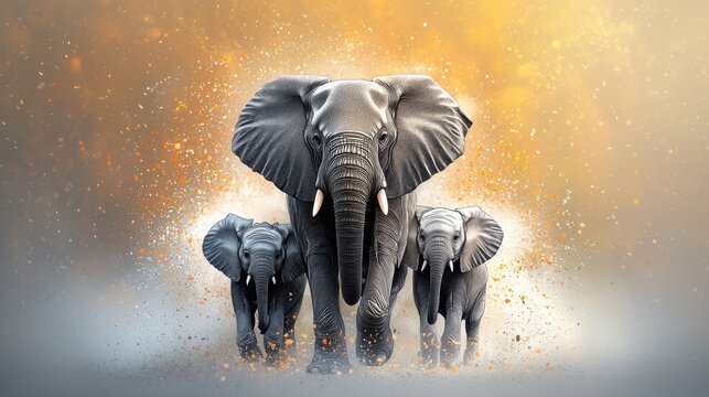 An intricate black and white illustration of an elephant family marching together, symbolizing strength, unity, and resilience on World Elephant Day, August 12th.