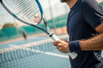 Young caucasian male playing tennis on outdoor court.