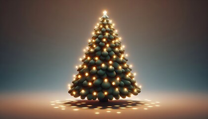Christmas tree with warm yellow light bulb decorations on a simple background, generative AI