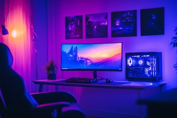 Fototapeta premium Modern gaming room with neon purple lighting, gaming setup, computer desk, and game monitors in stylish home office