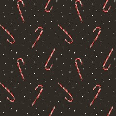 Charming Christmas pattern featuring candy canes on a colored background decorated with falling snow. Perfect for festive gift wrapping, wrapping paper, textiles, greeting cards and holiday designs.
