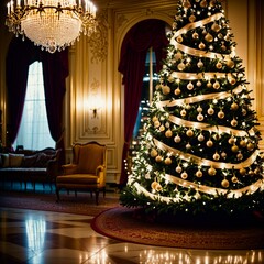 Fototapeta premium A majestic Christmas tree decorated with crystal ornaments, golden garlands, and sparkling fairy lights, set in a luxurious room with marble floors and a roaring fireplace, soft golden light enhancing