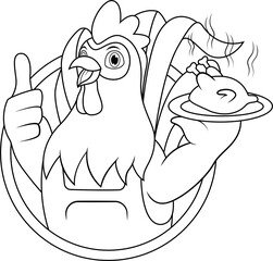 Cartoon chicken chef carrying grilled chicken line art