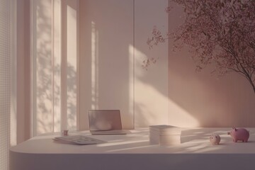 3D rendered image of a modern, clean and professional home office setup with minimalistic furniture, . Perfect for use as a background in investment and savings advertisements,