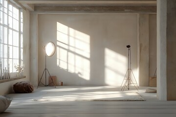 Sunlit minimalist studio with lighting equipment.
