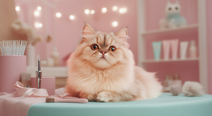 Close-up of a Persian cat lying on a table, surrounded by make-up products in a very feminine pink room.