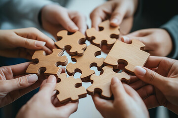 A group of business professionals holding puzzle pieces,  important role in creating and maintaining collaboration within their team