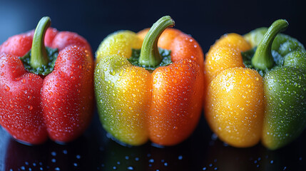 Close-up of three beautiful wet peppers on a dark surface.