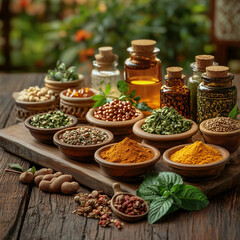 Wooden table with bottles of perfumes, oils and essences and bowls with powders, herbs, dried fruits, leaves and spices. 