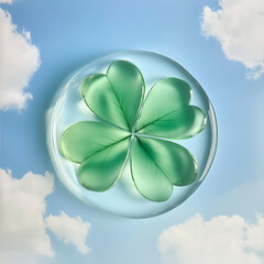 Cloverleaf inscribed in a water or glass bubble. Background of clear sky.