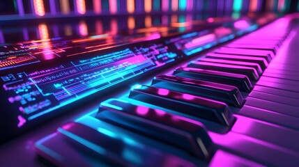 Glowing synth keyboard, vibrant neon lights illuminate the keys and digital display. Futuristic music creation.