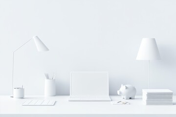 3D rendered image of a modern, clean and professional home office setup with minimalistic furniture, . Perfect for use as a background in investment and savings advertisements,