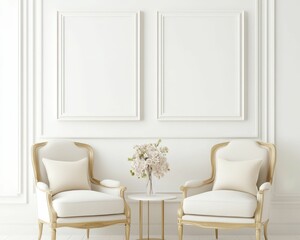Elegant white interior featuring two ornate chairs, a small round table, and a decorative flower arrangement against a blank wall.