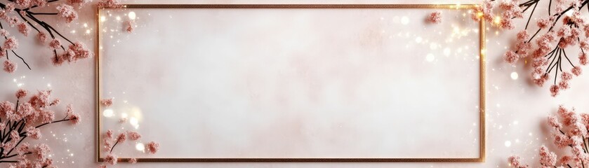 Fototapeta premium A soft, floral background featuring delicate pink branches and a blank rectangular space, perfect for invitations or announcements.