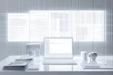 3D rendered image of a modern, clean and professional home office setup with minimalistic furniture, . Perfect for use as a background in investment and savings advertisements,