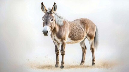 Naklejka premium A realistic digital illustration of a donkey standing proudly with its ears perked up, showcasing its beautiful grey fur, long face, and distinctive mane, isolated on a crisp white background.