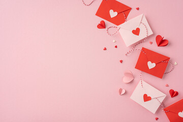 Top view of a romantic arrangement of red and pink envelopes with heart accents on a soft pink...