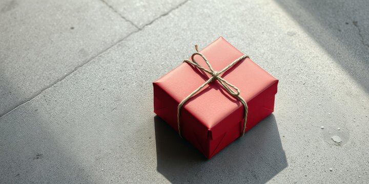 A small red gift box tied with twine sits on a textured surface in sunlight