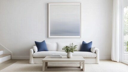 A modern living room featuring a white sofa with blue cushions, a coffee table, and a large abstract painting above, enhanced by natural light and minimal decor.