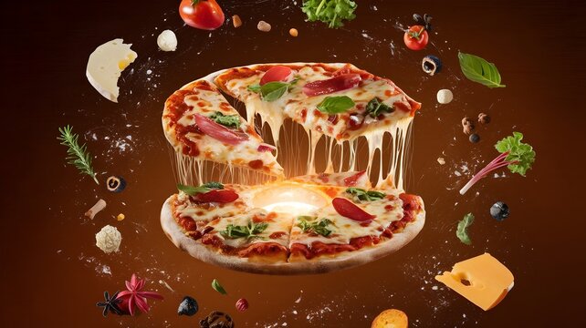Deconstructed pizza with glowing center and floating food elements