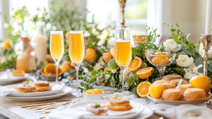 festive brunch table with mimosas, pastries, and fresh fruits
