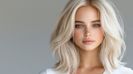 Naklejka premium A blonde model with platinum blonde hair styled in soft, voluminous waves. The professional studio lighting focuses on the texture of her hair, set against a clean grey background while wearing 