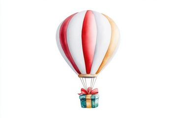 Fototapeta premium Watercolor illustration of a hot air balloon carrying a gift box, representing a festive celebration or special occasion