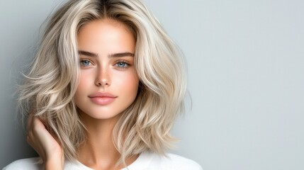 Fototapeta premium A blonde model with platinum blonde hair styled in soft, voluminous waves. The professional studio lighting focuses on the texture of her hair, set against a clean grey background while wearing 