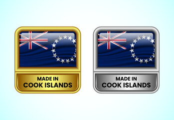 Made in Cook Islands label icon in gold and silver color. Flag icon set for business