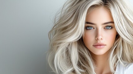 Naklejka premium A blonde model with platinum blonde hair styled in voluminous waves. Soft lighting captures the smooth texture of the hair, with a grey background and the model in a simple white shirt, looking 