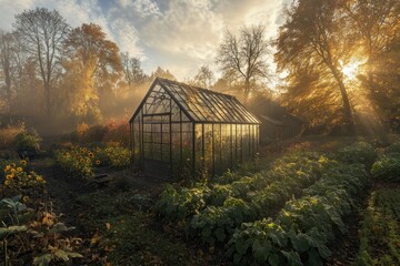 A serene greenhouse surrounded by autumn foliage and vibrant plants in soft morning light.