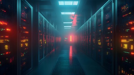 Glowing servers in a futuristic data center, vibrant neon lights illuminate the rows of powerful network hardware.  A digital landscape.