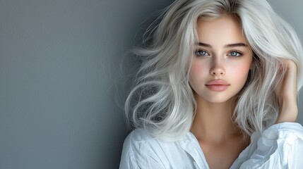 Fototapeta premium A portrait of a blonde model in a white shirt, with voluminous, platinum blonde hair styled in loose waves. The grey background creates a neutral contrast, emphasizing the softness and volume 