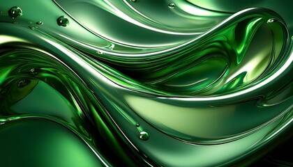 Glossy deep green emerald color metal fluid glossy chrome mirror water effect background. Green abstract splash liquid wallpaper