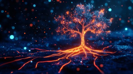 Resilience: A luminous tree, roots ablaze, sparks of hope in a cosmic night.