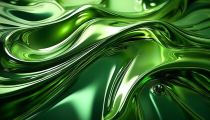 Glossy deep green emerald color metal fluid glossy chrome mirror water effect background. Green abstract splash liquid wallpaper
