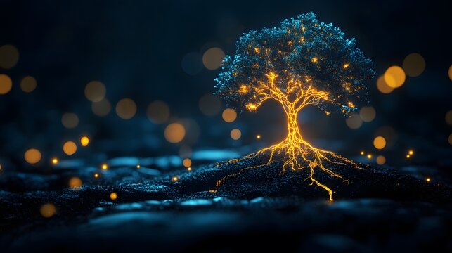 Resilience: A luminous tree thrives, its roots glowing brightly against a dark, bokeh-filled backdrop.  A symbol of strength and hope.