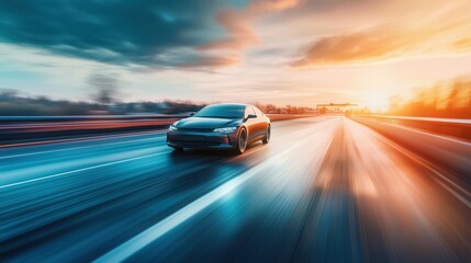 Fototapeta premium Sleek electric car speeding on highway at sunset with vibrant sky.