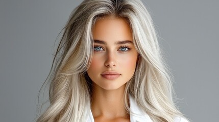 Fototapeta premium Captivating studio portrait of a blonde model with long, voluminous platinum blonde hair styled in soft waves. The grey background creates a stunning contrast with the vibrant hair color, and 