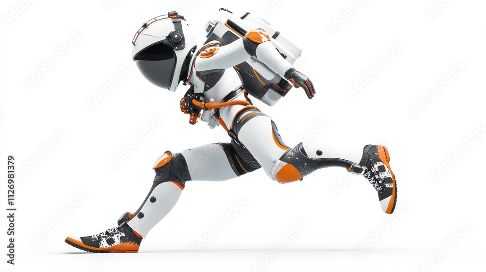 Wall mural a futuristic astronaut in a dynamic running pose, showcasing advanced space exploration gear.