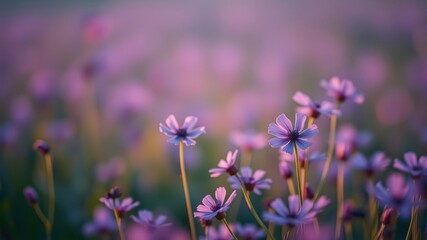 Fototapeta premium Serene Sunset Meadow Delicate Lavender Blossoms in Soft Focus