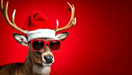 Cool Reindeer wearing sunglasses and Santa hat, Deer of Left Side of image, copy space to the right 