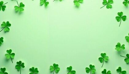Fototapeta premium Shamrock pattern background, scattered green clovers on a textured light green surface, festive and cheerful